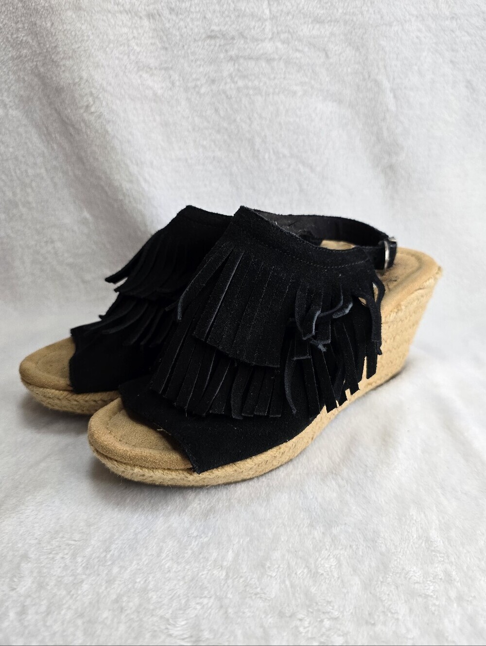 Minnetonka Ashley Fringe Suede Espadrille Wedge Sandals Black Womens Size 6